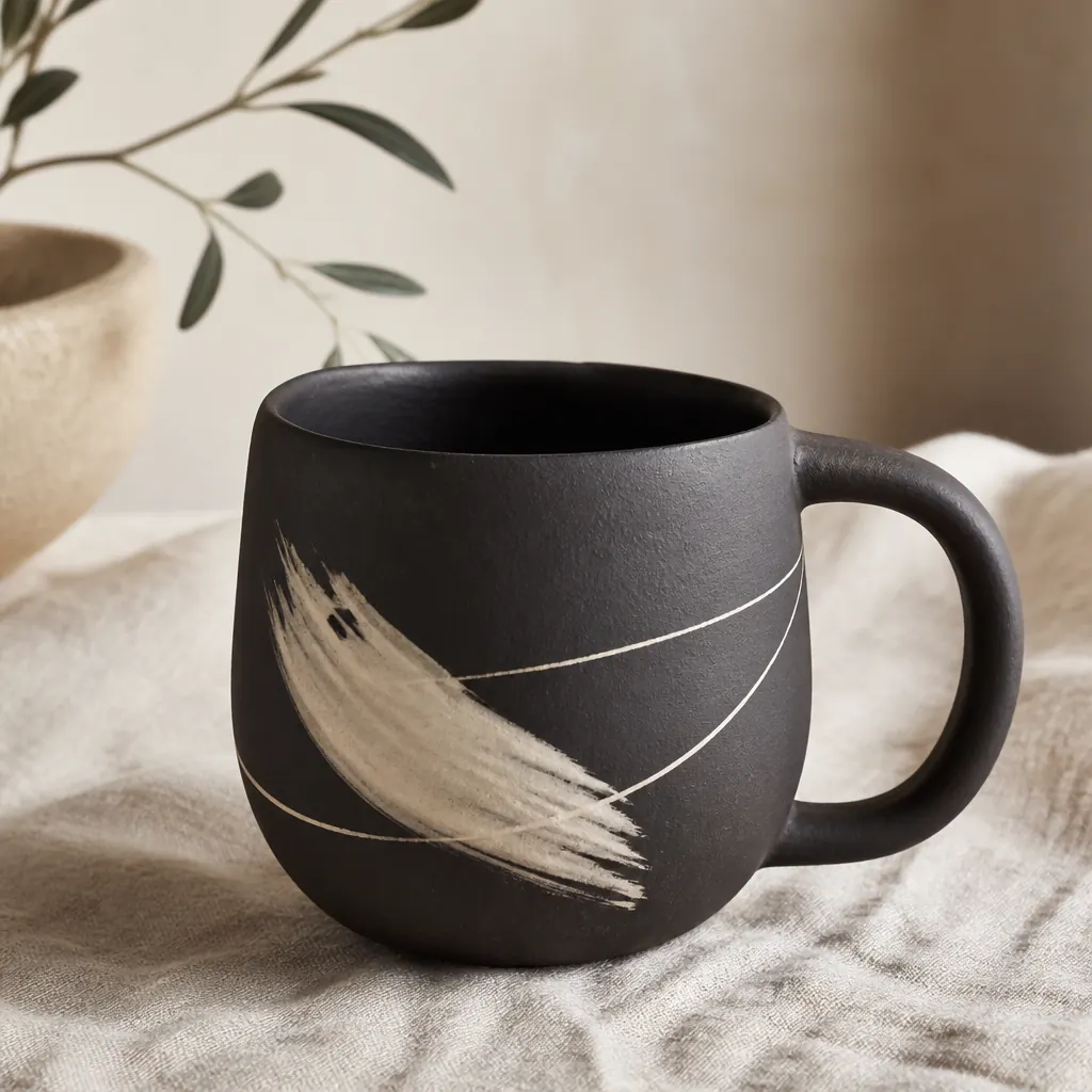 Matte Black Stoneware Mug — Hand-Painted Pottery Gift